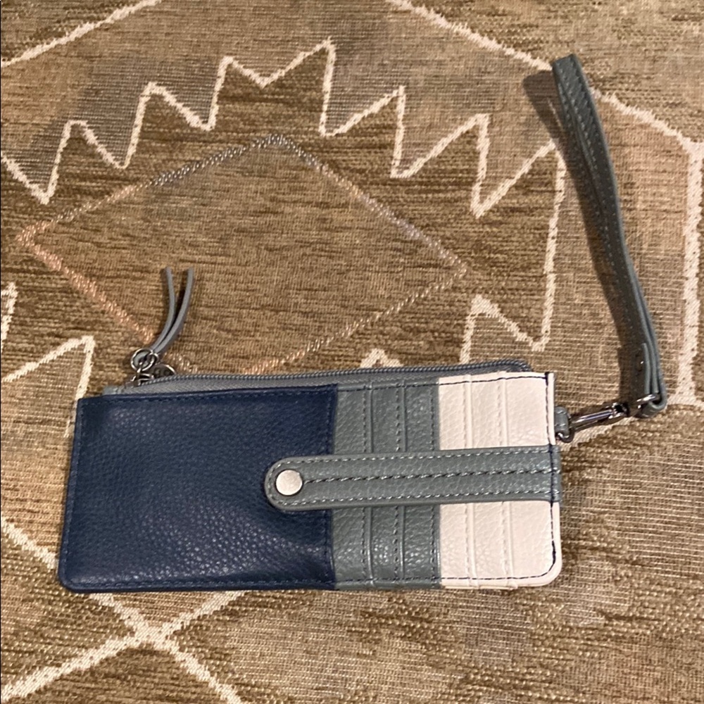 The Sak Tri-Color Leather Wristlet in Navy, Gray, and Cream